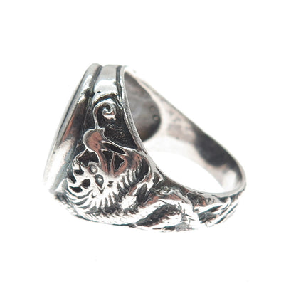 925 Sterling Silver Vintage Real Black Onyx Dragon Oxidized Ring Size 10