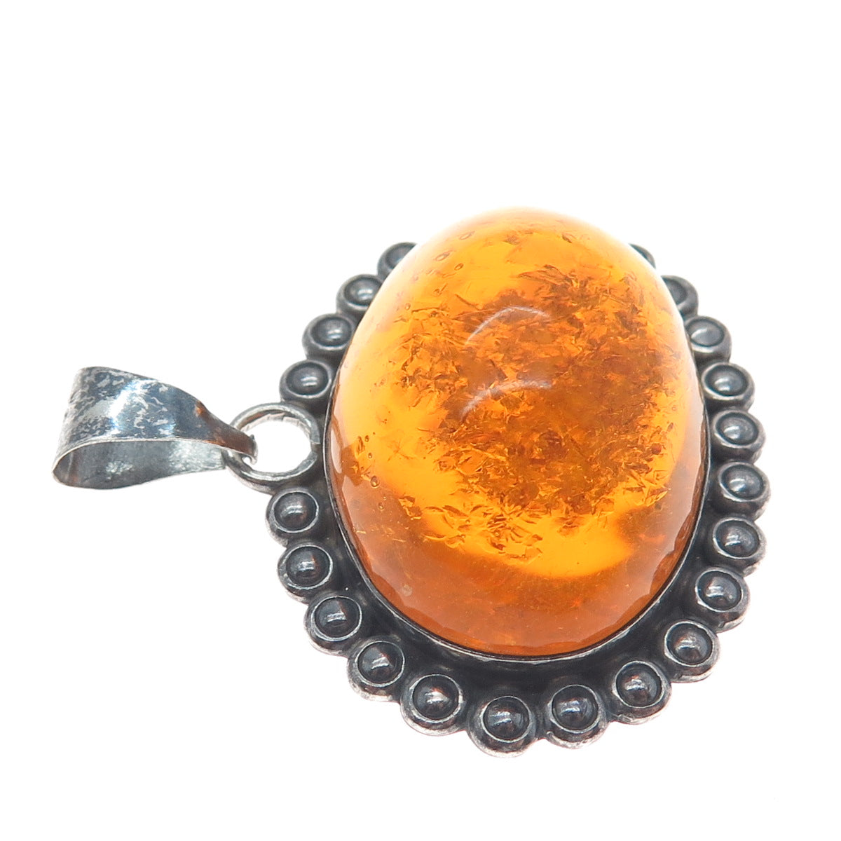 925 Sterling Silver Vintage Mexico Real Amber Beaded Oxidized Pendant