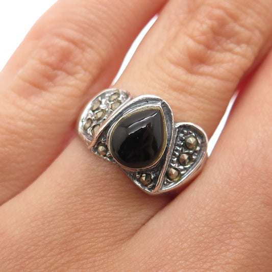 925 Sterling Silver Vintage Real Black Onyx & Marcasite Teardrop Ring Size 5.75