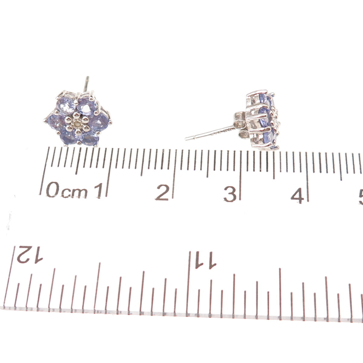 925 Sterling Silver Real Round-Cut Diamond & Tanzanite Floral Stud Earrings