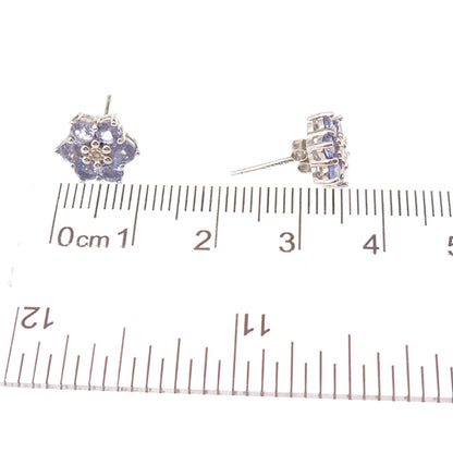 925 Sterling Silver Real Round-Cut Diamond & Tanzanite Floral Stud Earrings