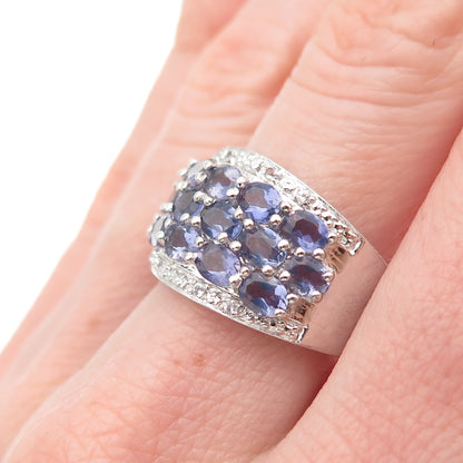 925 Sterling Silver Real Oval-Cut Iolite & Round-Cut White Topaz Ring Size 8.5