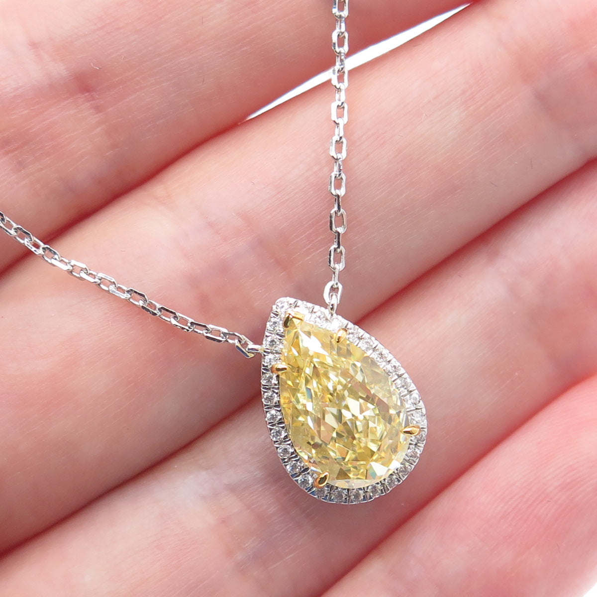 DSMK 925 Sterling Silver White & Canary C Z Teardrop Cable Chain Necklace 16-18"