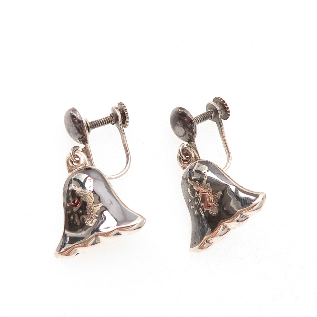 925 Sterling Antique Art Deco Siam Niello Hindu Goddess Screw Back Earrings