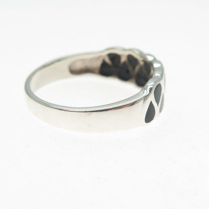 925 Sterling Silver Vintage Real Black Onyx Modernist Zig Zag Ring Size 8.75