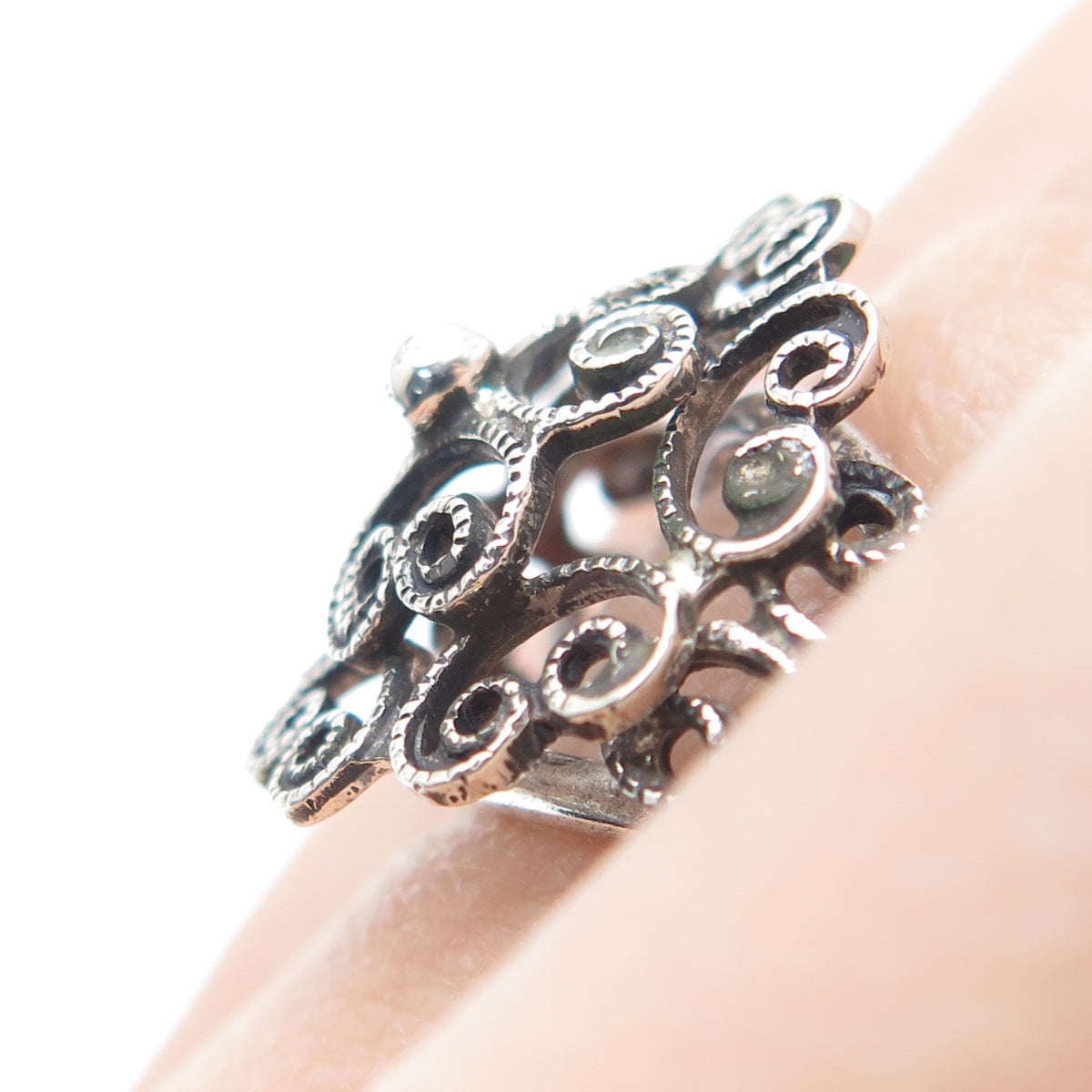 BEAU 925 Sterling Silver Vintage Filigree Flower Adjustable Ring Size 6.75