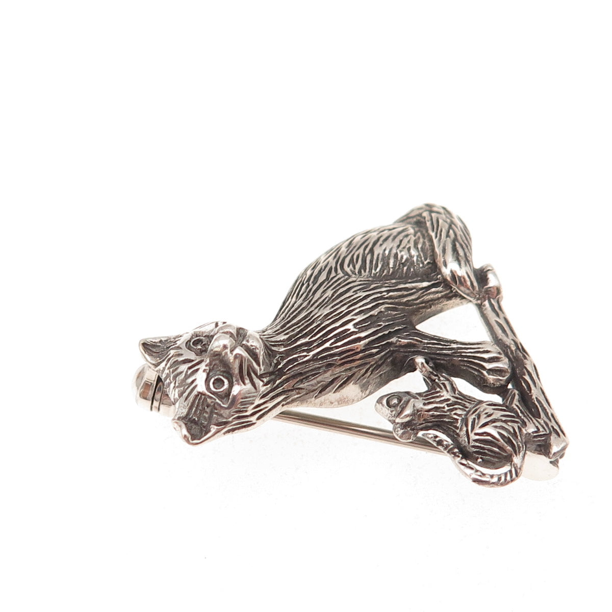 925 Sterling Silver Vintage Cat & Mouse Oxidized Pin Brooch