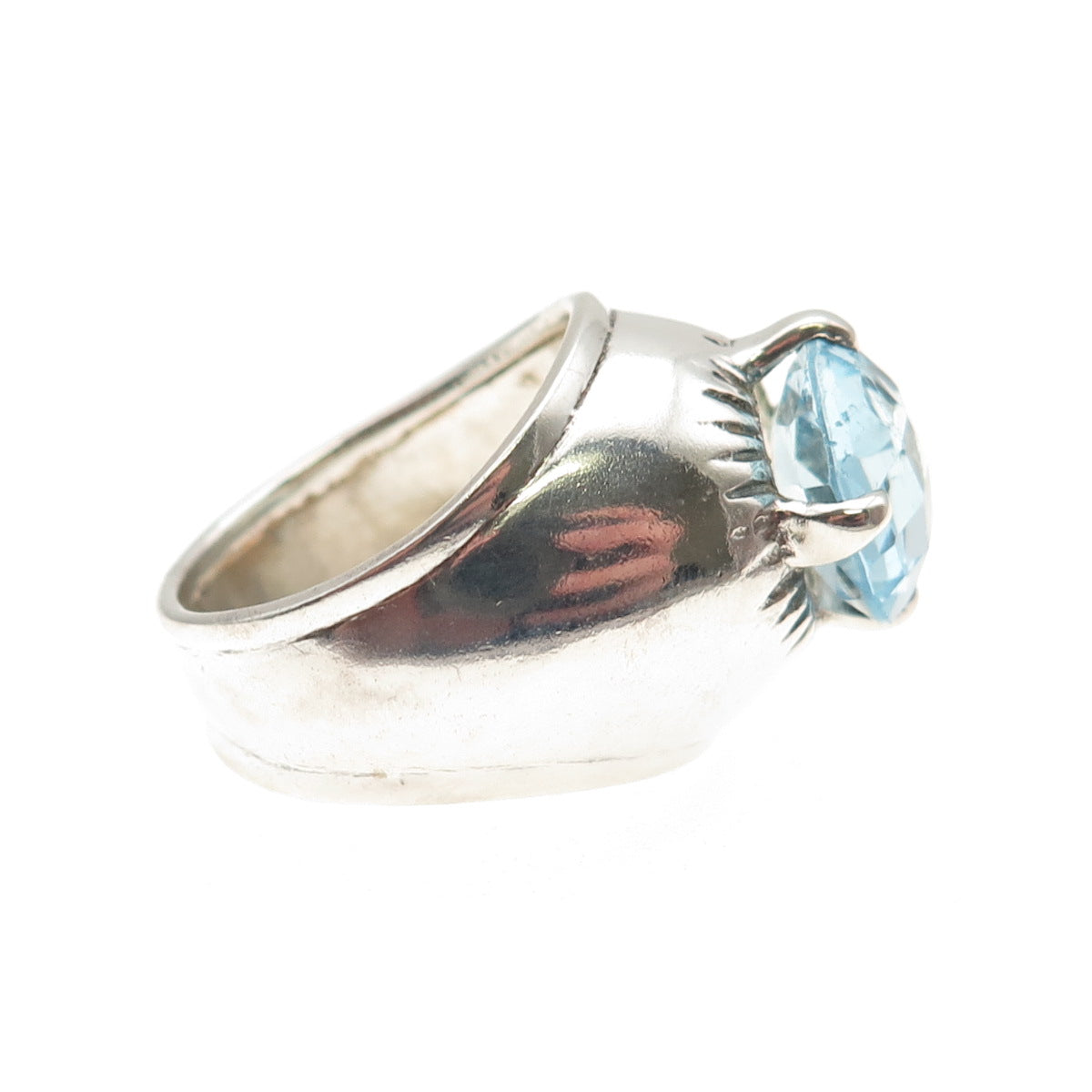 925 Sterling Silver Vintage Real Round-Cut Blue Topaz Modernist Ring Size 8