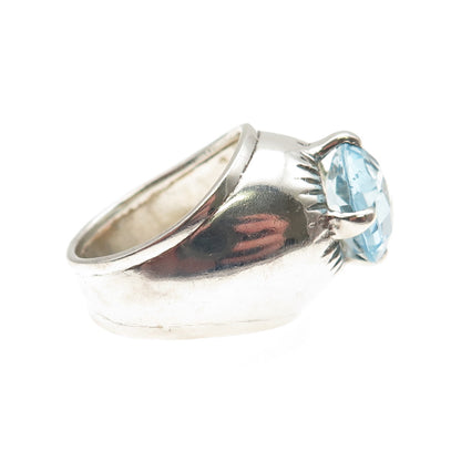 925 Sterling Silver Vintage Real Round-Cut Blue Topaz Modernist Ring Size 8
