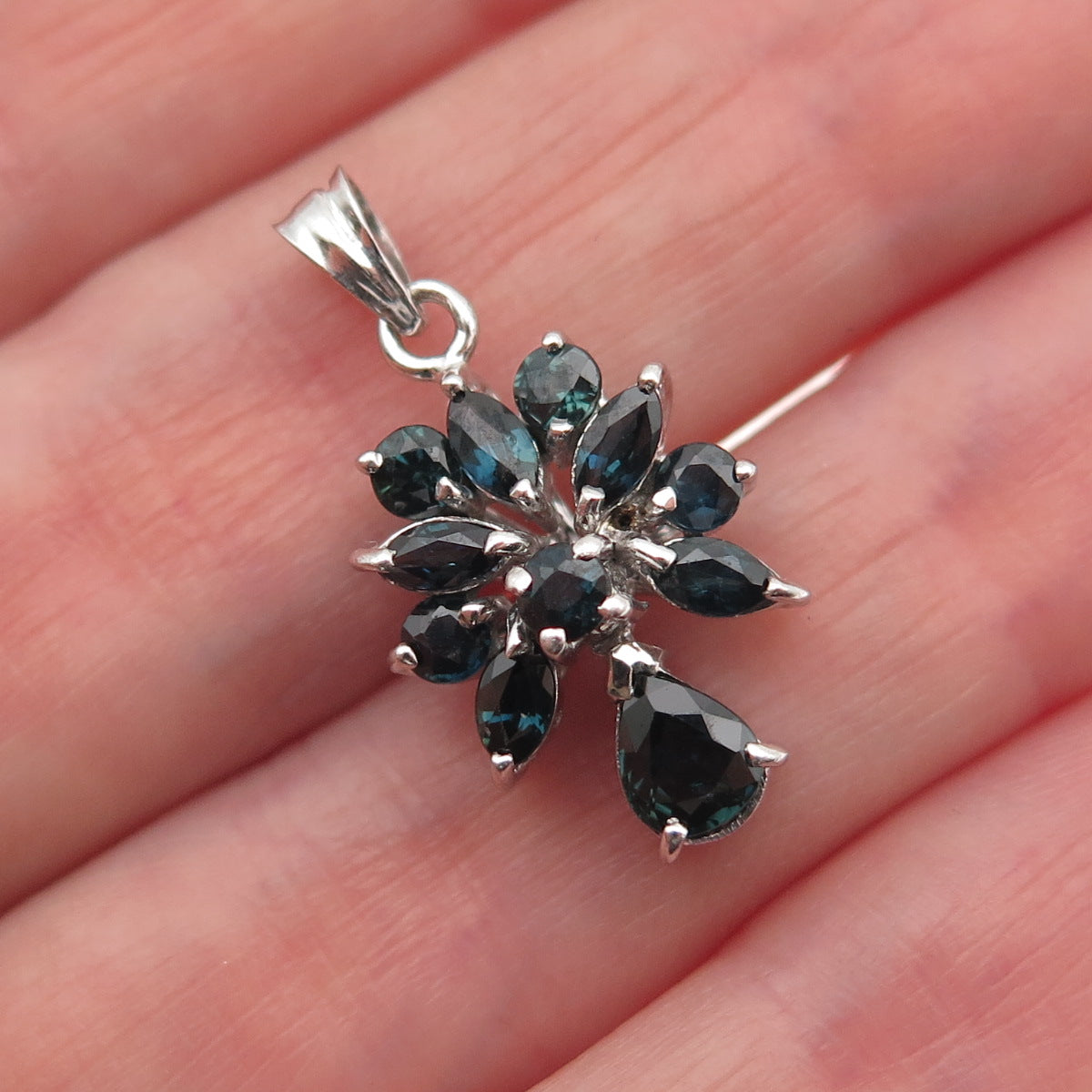 925 Sterling Silver Vintage Real Multi-Cut Sapphire Cluster Charm Pendant