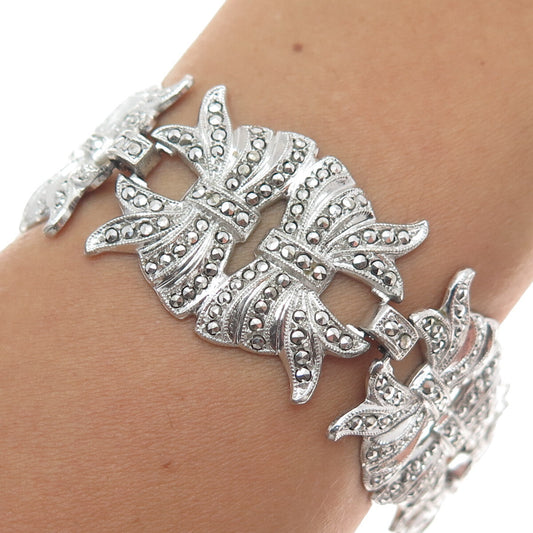 KD Kimler Daniel 925 Sterling Silver Antique Real Marcasite Bow Link Bracelet 7"