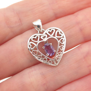 925 Sterling Silver Vintage Real Oval-Cut Amethyst Heart Charm Pendant
