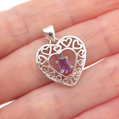 925 Sterling Silver Vintage Real Oval-Cut Amethyst Heart Charm Pendant
