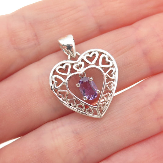 925 Sterling Silver Vintage Real Oval-Cut Amethyst Heart Charm Pendant