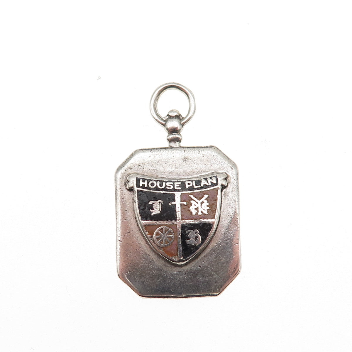 925 Sterling Silver Antique Art Deco Enamel House Plan Coat of Arms Fob Pendant