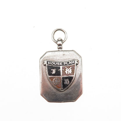 925 Sterling Silver Antique Art Deco Enamel House Plan Coat of Arms Fob Pendant
