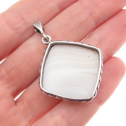 925 Sterling Silver Vintage Real Agate Square Charm Pendant