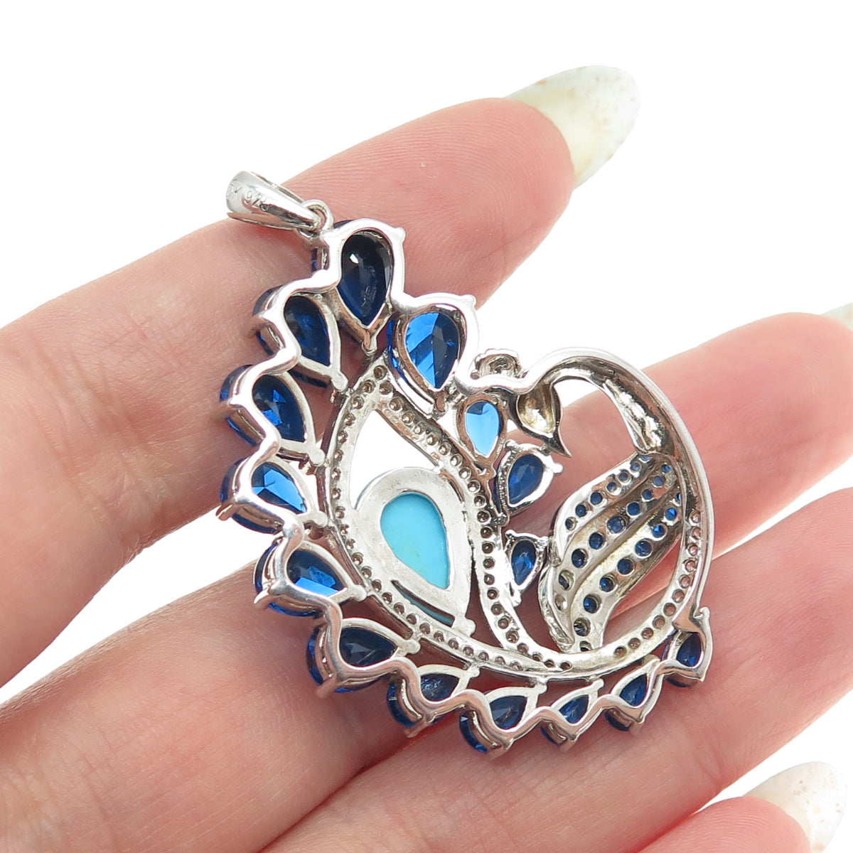 925 Sterling Silver Real Turquoise Blue & White Topaz Peacock Bird Pendant