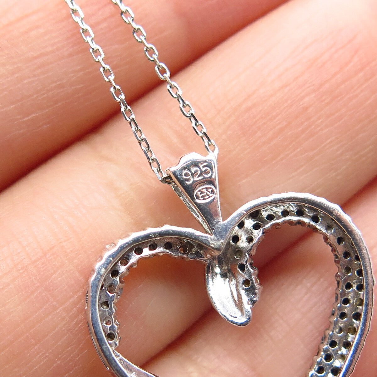 925 Sterling Silver Italy White Black Diamond Open Heart Rolo Chain Necklace 17"