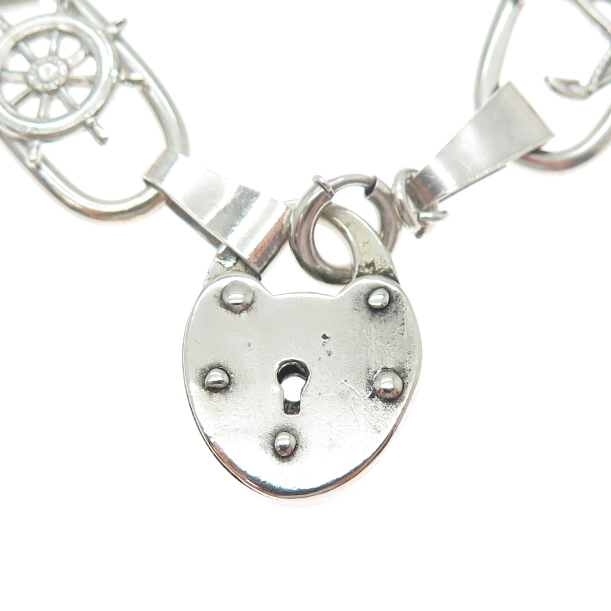 925 Sterling Silver Antique Heart Padlock Sailboat Wheel & Anchor Bracelet 7.25"
