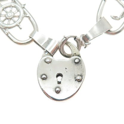 925 Sterling Silver Antique Heart Padlock Sailboat Wheel & Anchor Bracelet 7.25"