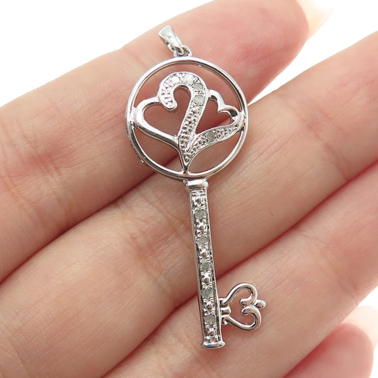 925 Sterling Silver Real Round-Cut Diamond Heart Key Pendant