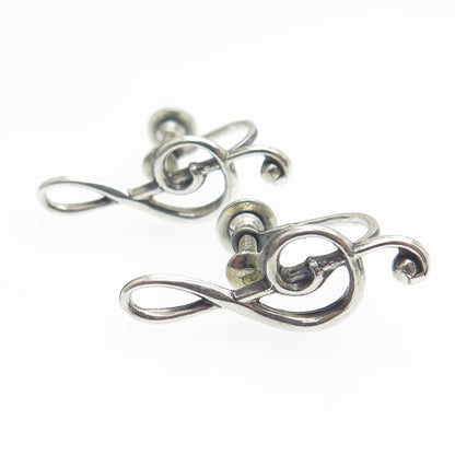 BEAU 925 Sterling Silver Antique Art Deco Treble Clef Screw Back Earrings