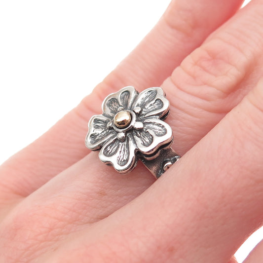 925 Sterling Silver 14K Gold Vintage Israel Flower Oxidized Ring Size 6