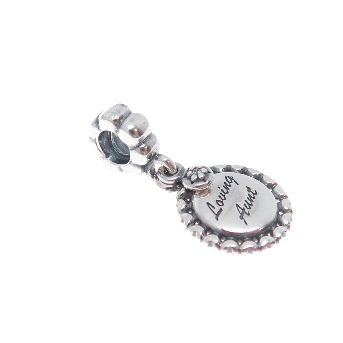 PANDORA 925 Sterling Silver Round-Cut C Z Loving Aunt Heart Dangle Charm
