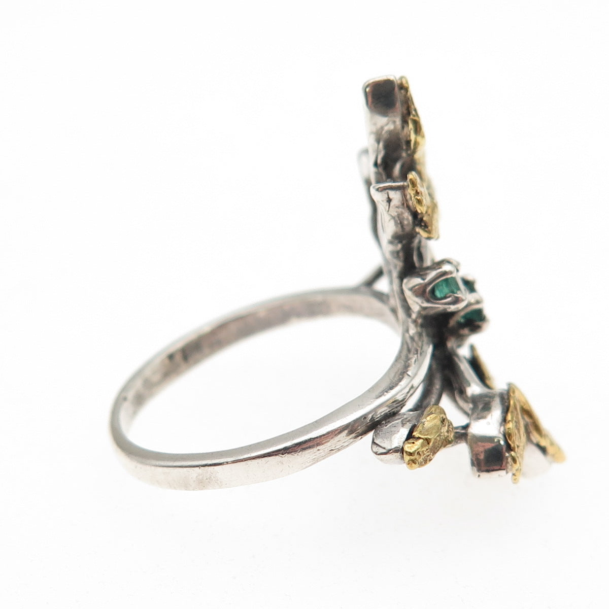 925 Sterling Silver 14K Gold Vintage Real Emerald Modernist Ring Size 6