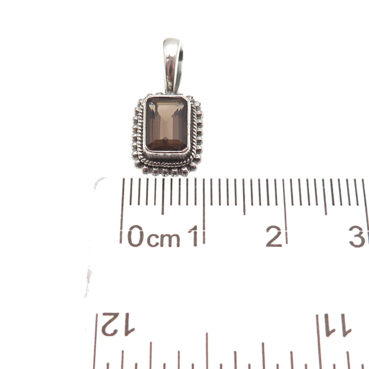 925 Sterling Silver Vintage Real Emerald-Cut Smoky Quartz Mini Charm Pendant