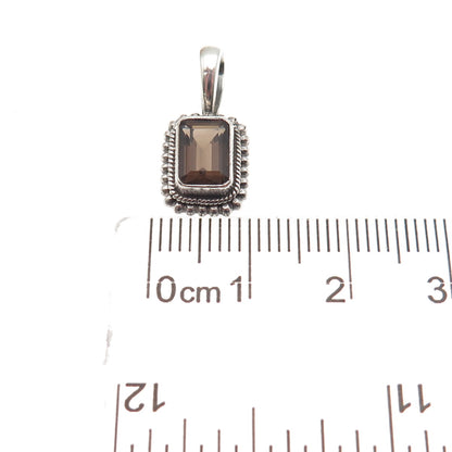 925 Sterling Silver Vintage Real Emerald-Cut Smoky Quartz Mini Charm Pendant