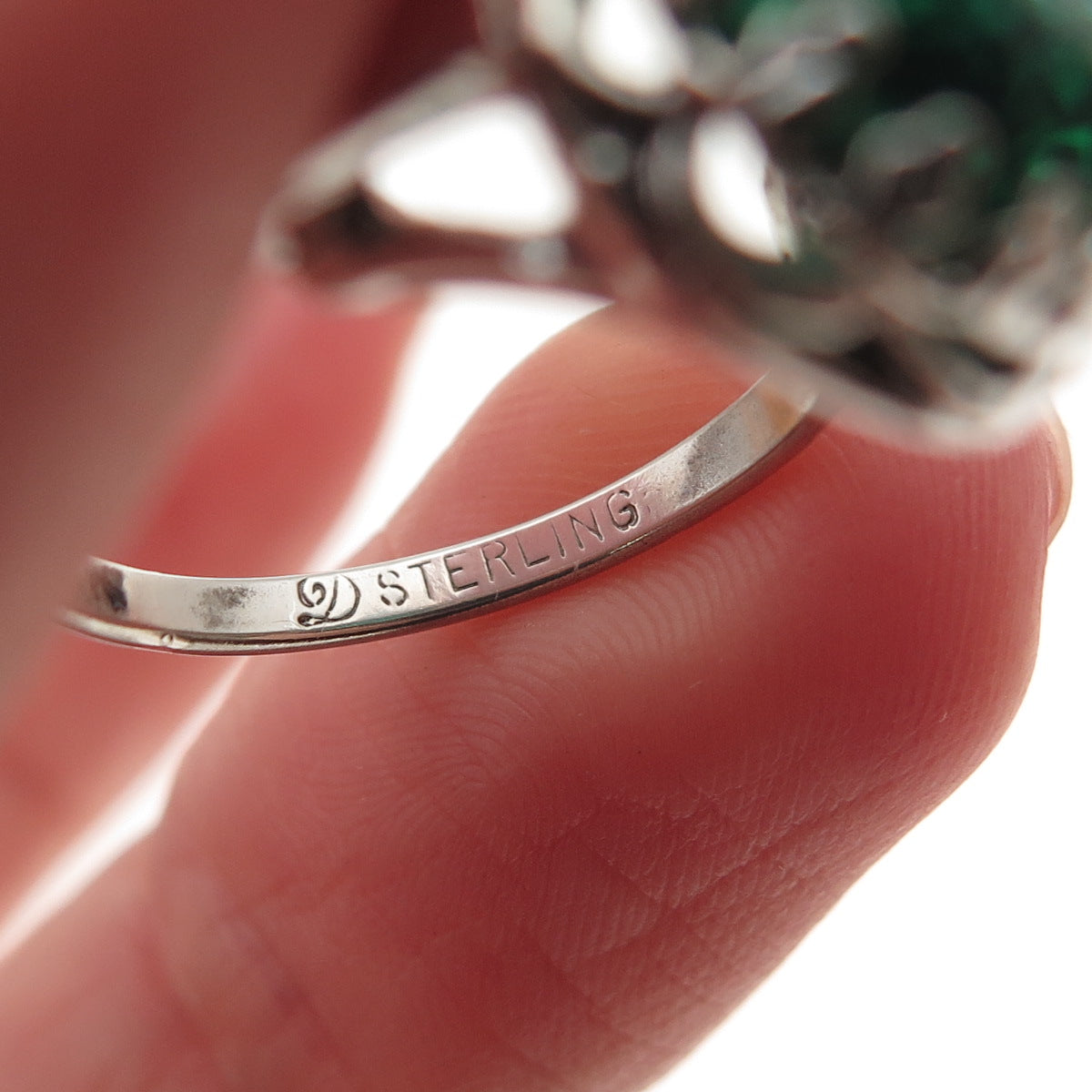 Diadema Sterling Silver Antique Art Deco Oval-Cut Green Glass Crown Ring Size 6