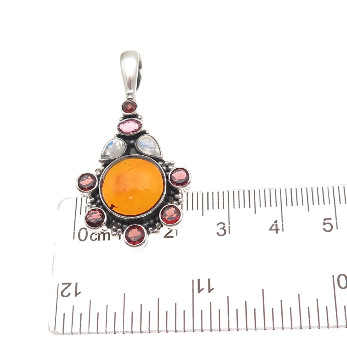 Sajen 925 Sterling Silver Vintage Real Amber Tourmaline Garnet Moonstone Pendant