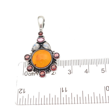 Sajen 925 Sterling Silver Vintage Real Amber Tourmaline Garnet Moonstone Pendant