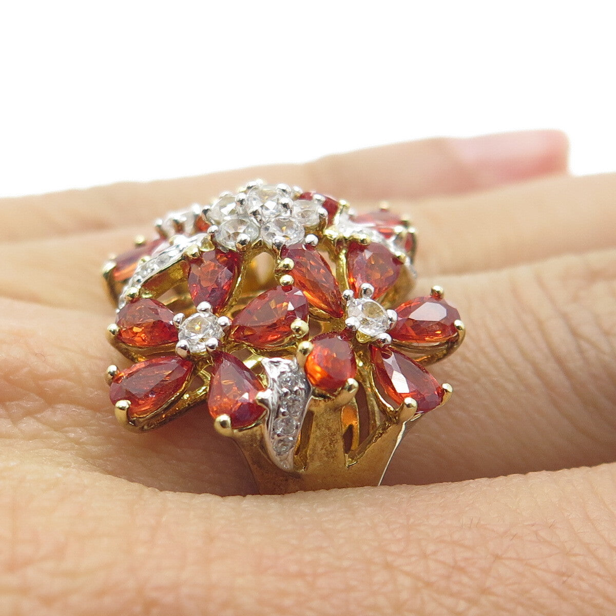 DSMK Sterling Silver Gold Plated Real Fire Sapphire & White Topaz Ring Size 7.25