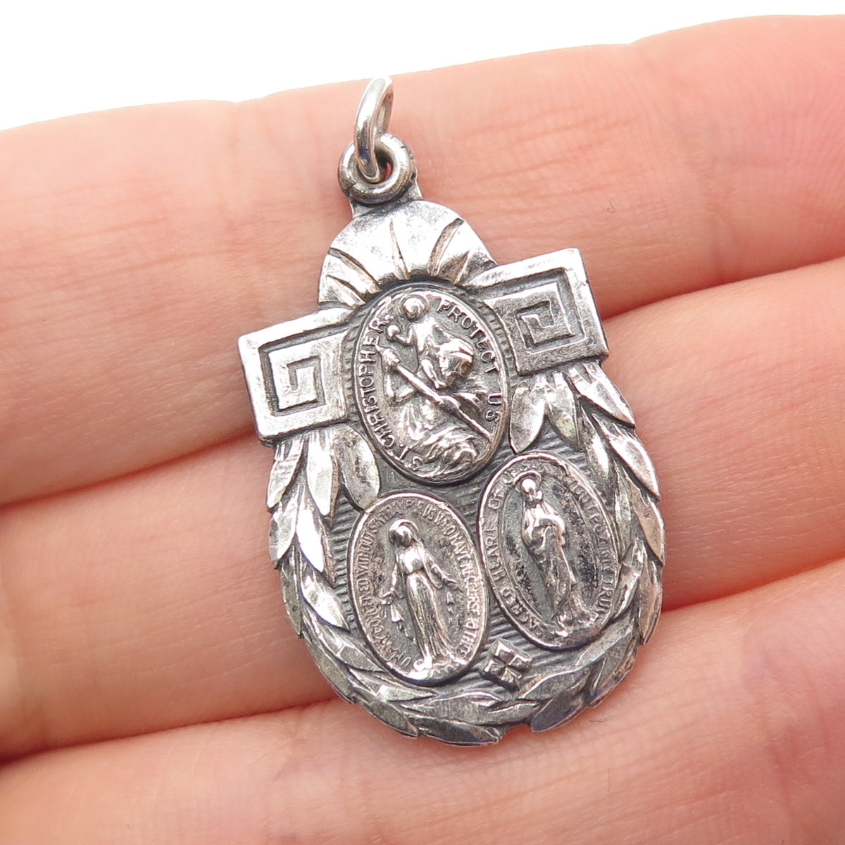 925 Sterling Silver Antique Art Deco Catholic Religious Medal Oxidized Pendant