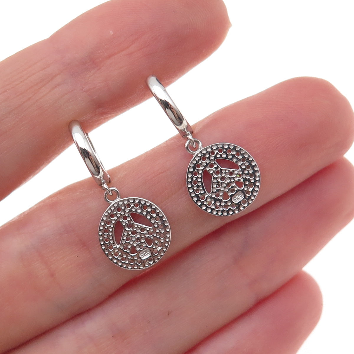 925 Sterling Silver Round-Cut C Z Peace Symbol Dangle Earrings
