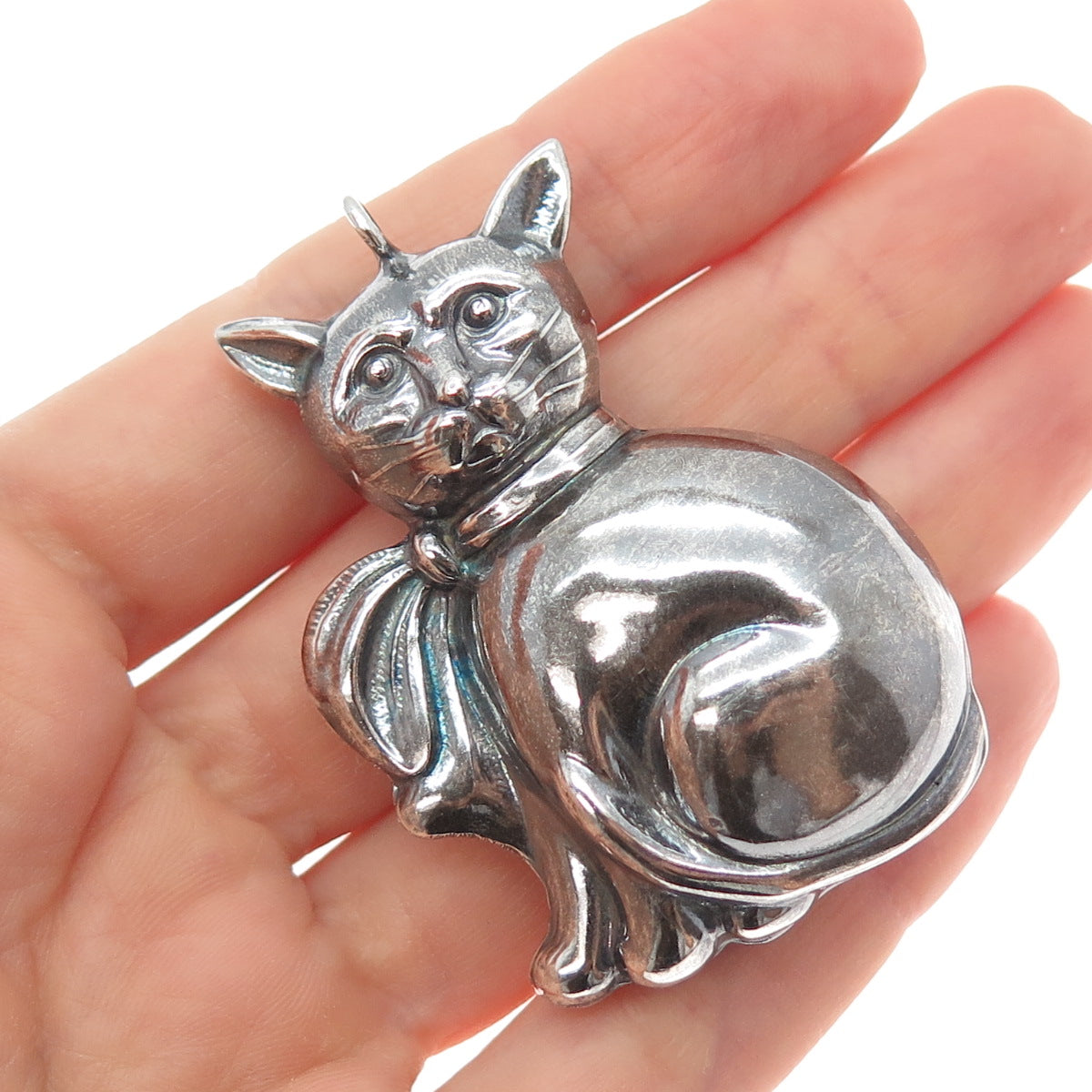 925 Sterling Silver Vintage Cat Modernist Oxidized Puffy Pendant