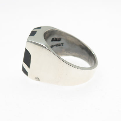 925 Sterling Silver Vintage Mexico Real Black Onyx Modernist Ring Size 11.75