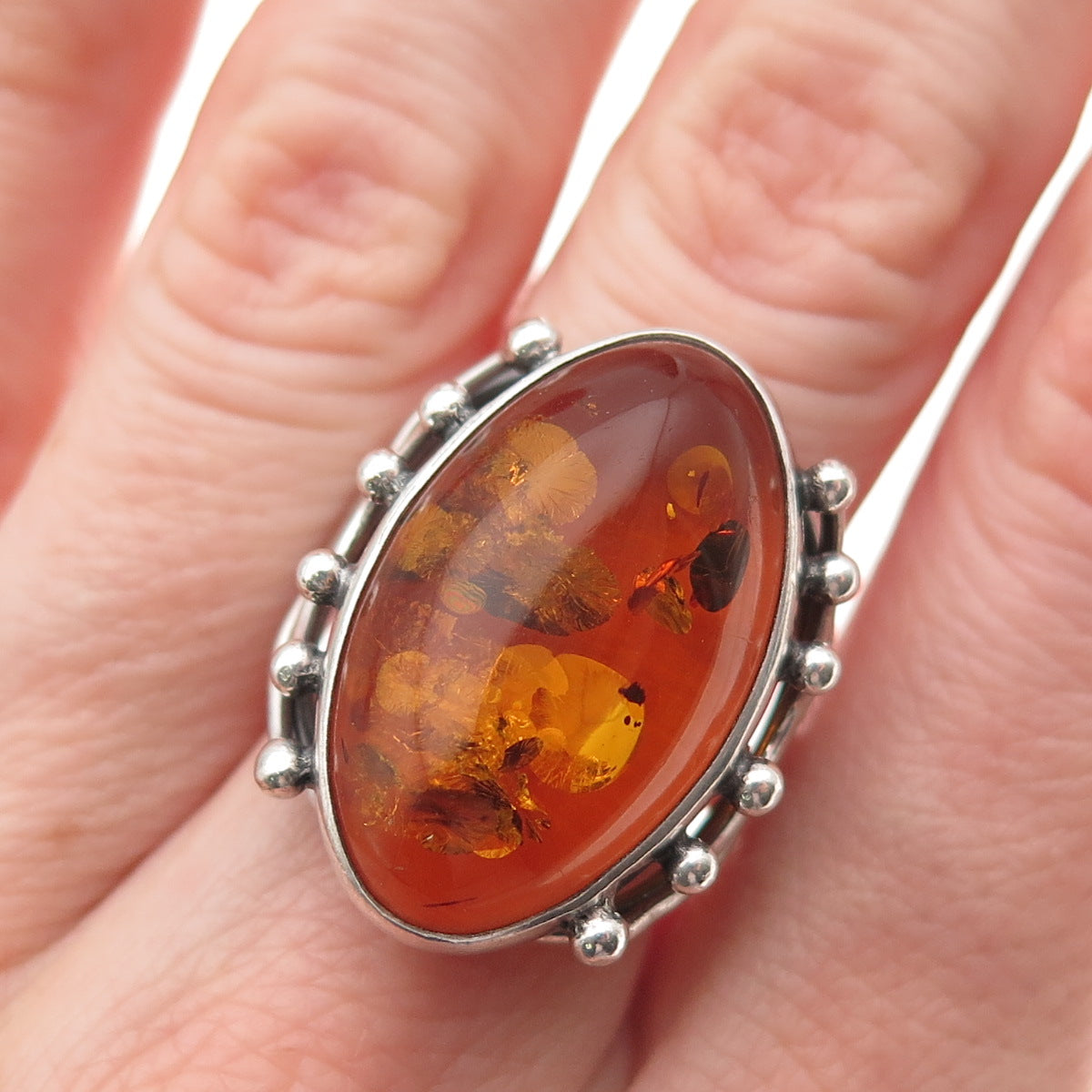 925 Sterling Silver Vintage Real Amber Modernist Oxidized Ring Size 6.75