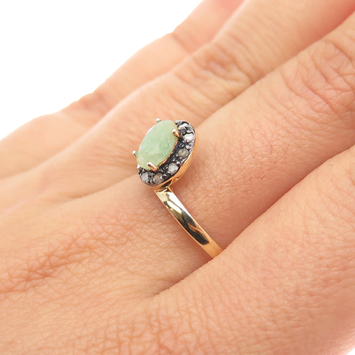 925 Sterling Silver Gold Plated Real Diamond & Emerald Ring Size 8