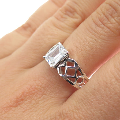 925 Sterling Silver Vintage Emerald-Cut C Z Engagement Ring Size 10.25