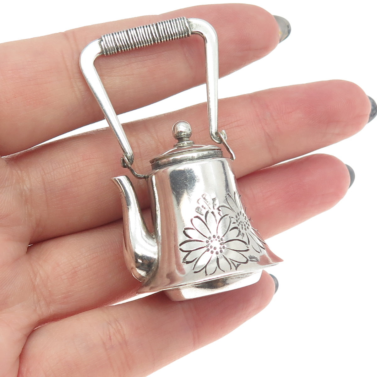 800 Silver Antique Art Deco Engraved Floral Kettle Miniature