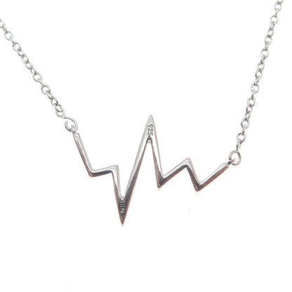 SUN 925 Sterling Silver Real Diamond Heartbeat Cable Chain Necklace 16-18"