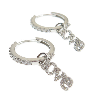 HAN 925 Sterling Silver Round-Cut C Z Love Charm Hoop Earrings