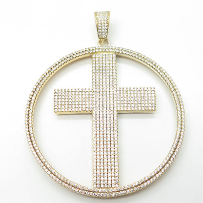 925 Sterling Silver Gold Plated Round-Cut White C Z Cross Pendant