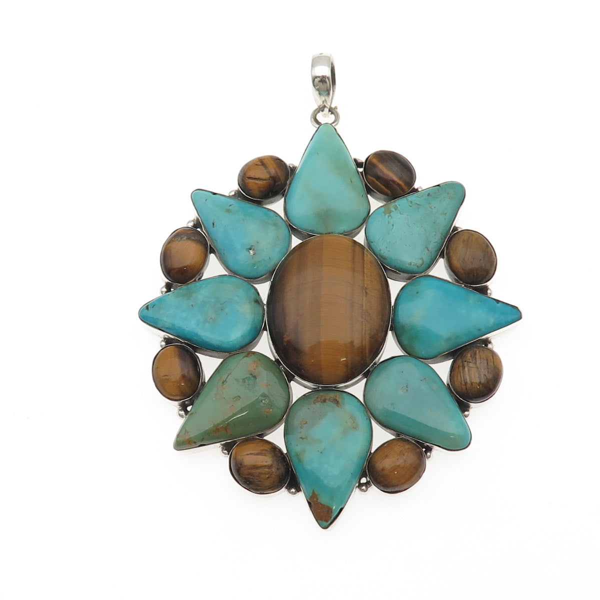 925 Sterling Silver Vintage Real Turquoise & Tiger Eye Statement 78.8g Pendant