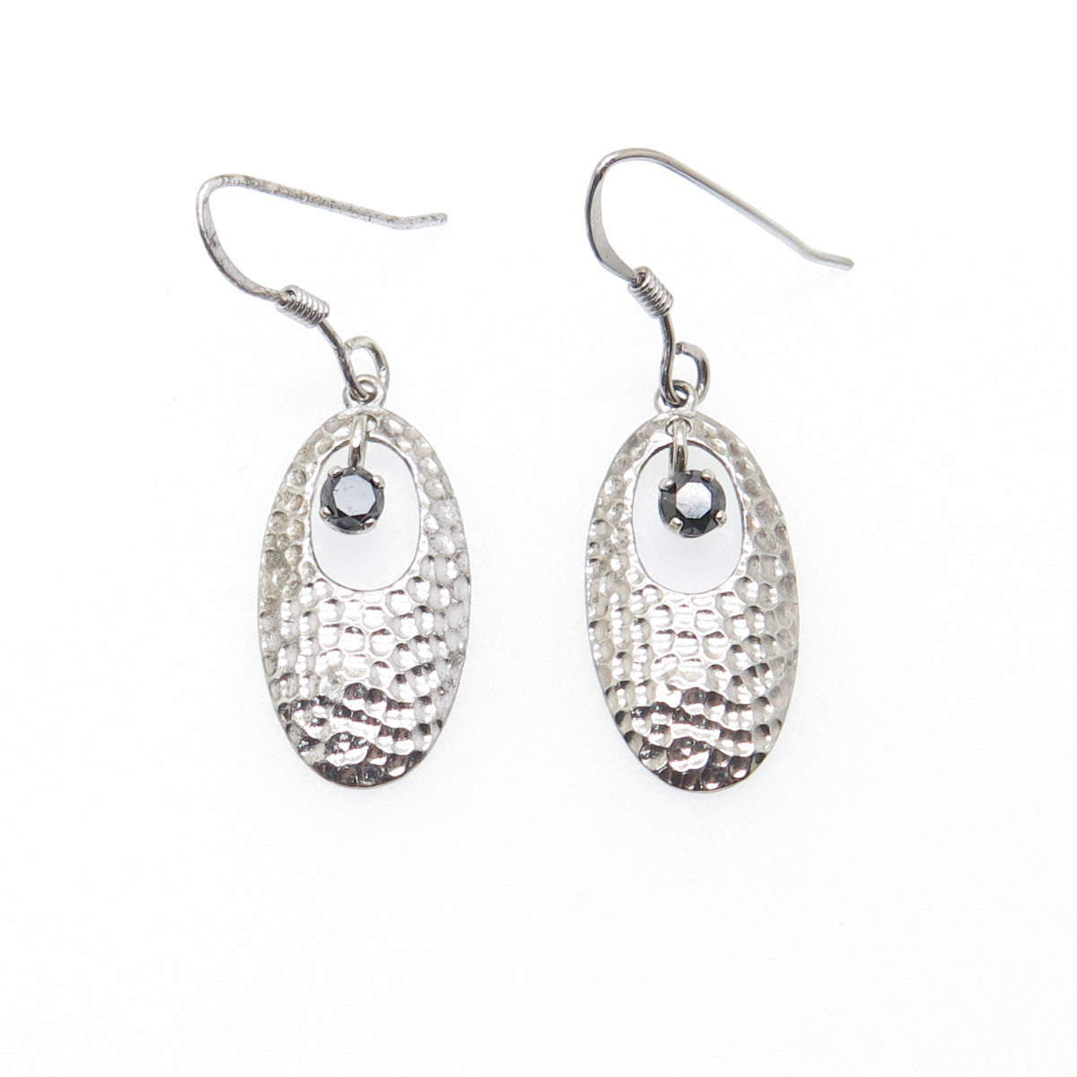 925 Sterling Silver Real Round-Cut Black Diamond Hammered Dangle Earrings