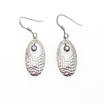 925 Sterling Silver Real Round-Cut Black Diamond Hammered Dangle Earrings